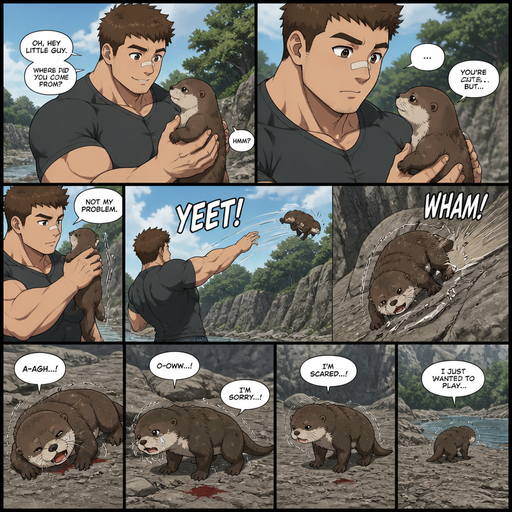 A DETAILED AND LIFELIKE ANIME Comic Book story view of a Bulky but Muscular ANIME Cute Bara Man With Peach toned skin Who looks Normal aind round facial Structure and Basic facial structure With Puffy and Big Pecs that are visible through the shirt and Biceps and Bandaid on his nose and Brown short hair. Wearing normal clothes. An otter and then he throws it at a rock. The otter Cries and Lays there and limps away and Is scared