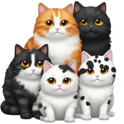 3 fat cats first one fully black the second one with black and white spots and the third with orange black and white spots make them cute and fluffy and closer to each other cuddle