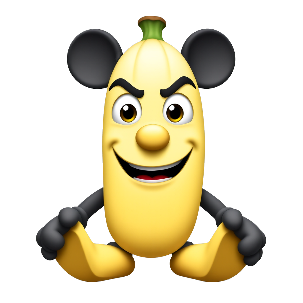 tall banana with a wide realistic smile and cartoony eyes with massive mickey mouse hands and feet and slightly angry brows