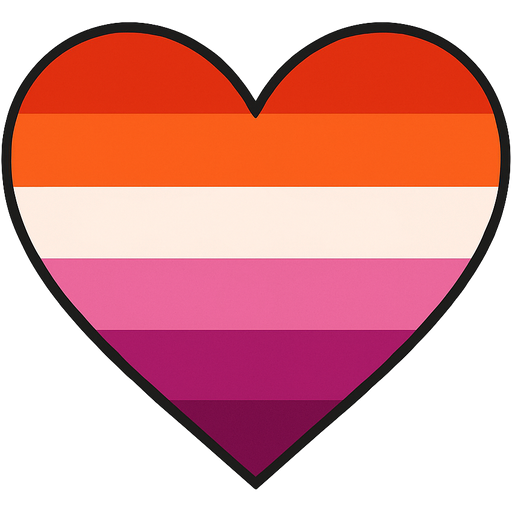 A classic heart emoji with the lesbian flag palette, which consists of these colors in this order: dark orange-red, orange, white, pink, purpleish-pink, dark magenta