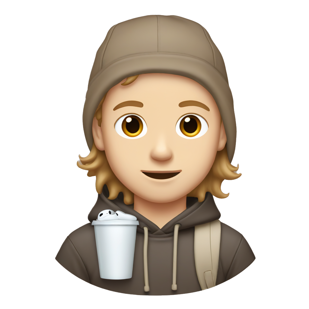 White boy with light brown midlong middle part hair , light brown eyes , wears a hoodie cap and airpods and drinking ice coffee