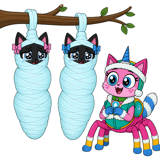 ( cartoon network style version) wrapped up and mummified fully covered in a #B8FFFF spider slik cocoon shaped like anthro black cat female anthro two pink hair bows whimpering teary eyes with arms behind back with #B8FFFF spider slik wrappings completely covered with thick layers non-transparent #B8FFFF spider slik wrappings hanged to the branch on the left side next to wrapped up and mummified fully covered in a #B8FFFF spider slik cocoon shaped like anthro black cat female anthro with 2 blue hair bows whimpering teary eyes arms behind back with #B8FFFF spider slik wrappings completely covered with thick layers non-transparent #B8FFFF spider slik wrappings hanged to the branch on the the right side next to happy pink cat anthro furry boy drider with blue and white tail white wrists blue hands white ankles yellow socks green collar blue unicorn horn based on unikitty wearing everest's hat and everest's clothing with everest's backpack