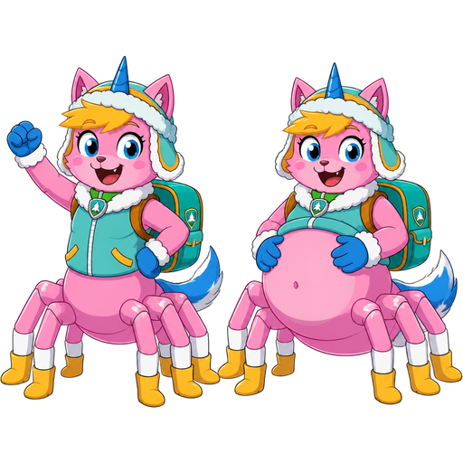 happy pink cat anthro furry boy drider with yellow hair blue and white tail white wrists blue hands white socks yellow boots green collar blue unicorn horn based on unikitty wearing everest's hat and everest's clothing with everest's backpack next to happy pink cat anthro furry boy drider with yellow hair blue and white tail white wrists blue hands white socks yellow boots green collar blue unicorn horn based on unikitty wearing everest's hat and everest's clothing with everest's backpack with full belly