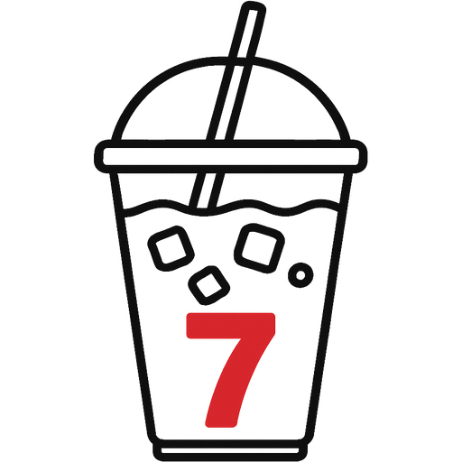 The number 7 , the only thing in colour, sitting at the bottom of an iced coffee instead a plastic transparent take-away cup