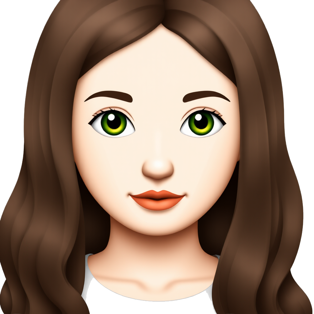 white to brown skin girl with green eyes. Medium to long brown to black wavy hair with middle part. Smal nose with heart shaped lips.