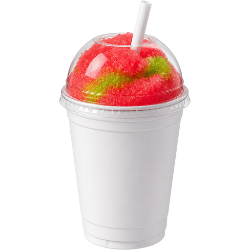 Kool-Aid Watermelon Kiwi Soft Shaved Ice Slushie in a White Plastic Cup and Plastic Dome Lid with a Straw Mixed in with Extra Syrup