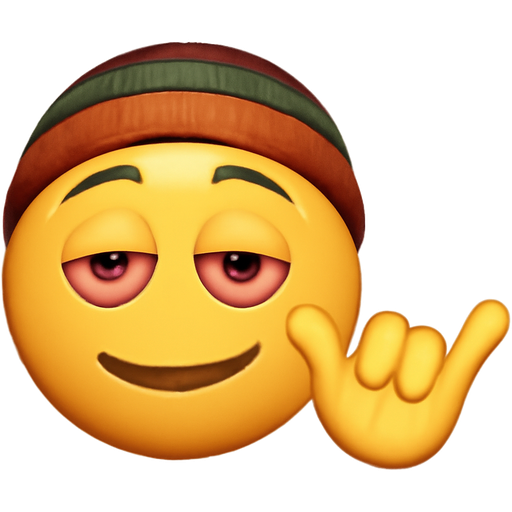 Classic yellow emoji that looks like a cliche movie stoner with regular eyes throwing up a “hang tight” hand sign saying “righteous” in light gray lettering