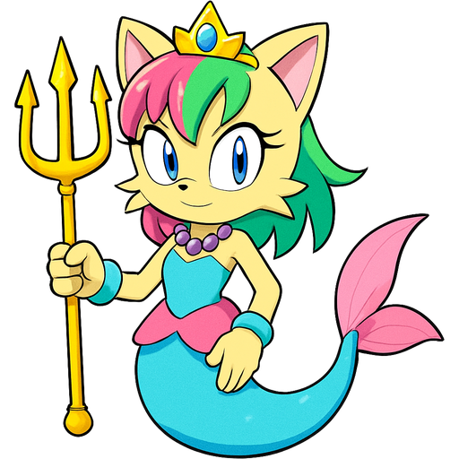 sonic x style version light yellow anthro cat with pink and green and yellow hair blue golden crown with light purple necklace light cyan braclets cyan and pink dress with purple and pink skirt attached to cyan and light blue mermaid tail with pink fins holding a golden trident sonic x style version