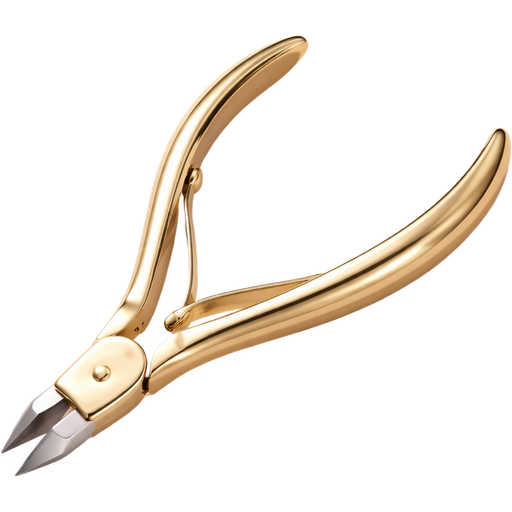 Luxury gold cuticle nippers, polished metallic finish with realistic reflections, precise sharp tips, elegant ergonomic design, high-end manicure tool, placed on a clean neutral or soft blush background, soft studio lighting, subtle shadows, ultra realistic texture, glossy shine, minimal aesthetic, beauty product photography style