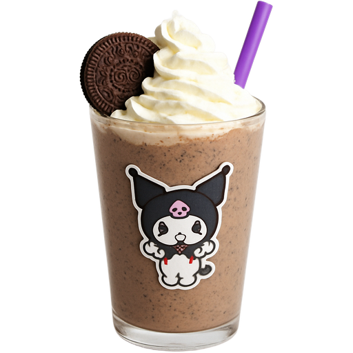 A large Oreo milkshake with cream on top and Kuromi sticker toppings and a purple straw and an Oreo cookie on top