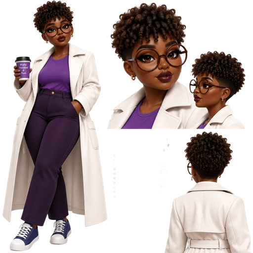 Plum Puddin’ With a Dark-Deep Neutral Walnut and a Glamour Lip Shape with a Plum Orchid Lipstick and Camille Eyelashes And a Cinnamon Eyeshadow with a Soft Ached Eyebrow with a Close-Set Eye Shape and a Round Face Shape with a Brown Afro-Textured Curly Tapered Faded Hairstyle Including Bangs and Curls on the Sides of Her Hair Wearing Oversized Brown Circular Glasses with Light Brown Eyes Wearing a Purple T-Shirt and a Long White Trench Coat Over it With a Pocket on each Side Wearing Dark Purple Pants and Blue Sneakers With White at the Tip of the Shoes and white at the Very Bottom of them with White Laces and a Luminous Glazed Complexion with a 3D Naturalistic Animation and Mature Adult Curvy Toned Build with a Luxury Glossy and a Refined Pristine Set Up With a Theatrical Appearance