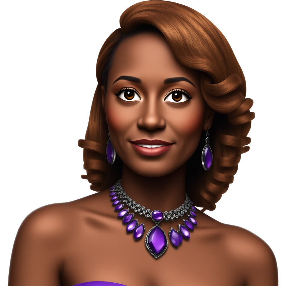 Black woman with shoulder length curly hairstyle. Auburn colored hair. wearing beautiful purple jewelry.
