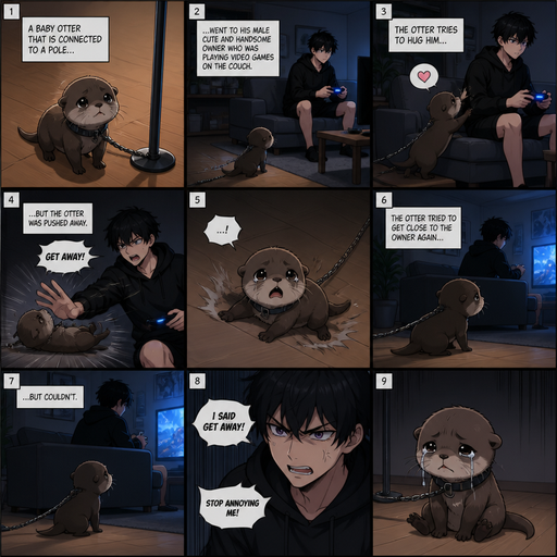 A comic book Picture by picture and shows impact of a A baby otter that is connected to a pole and went to his male Cute and Handsome wearing a Black Hoodie and Shorts owner who was playing video games on he couch in his house to go and the otter tries to hug him but the otter was pushed away. And the otter tried to get close to the owner but couldn’t and the owner got mad