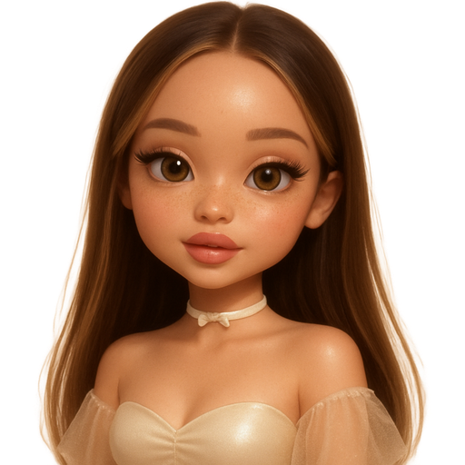 semi-realistic soft cartoon luxury glam, mini plush Bratz-doll aesthetic, cinematic glow, crisp clean detail, glossy glam skin. brown eyed Petite girl, fair skin with soft freckles, wide face with tall forehead, honey-brown almond wide-set upturned eyes, fluttery lashes, shimmer highlight, plush lips, bottom heavy lip, sweet Belle-princess vibe, long straight brunette hair with visible light blonde highlights, softly defined feminine body, soft hourglass shape with full round bust, cream satin off-shoulder top with chiffon sleeves and a tiny white bow choker, pearly glow, angel shimmer. Cozy romantic glow, soft warm lighting, pop-princess energy
