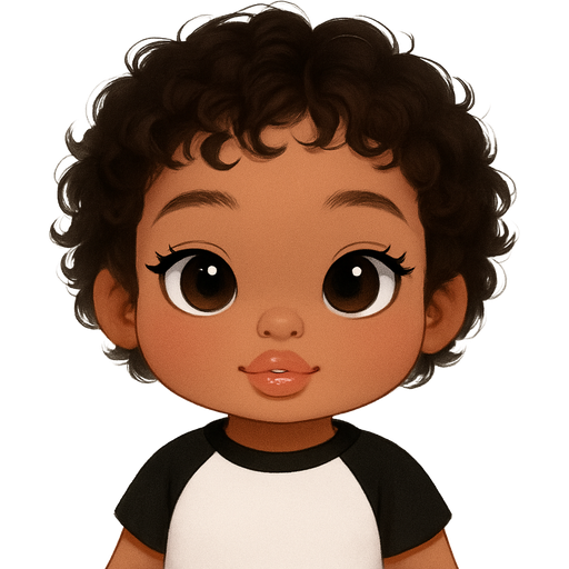 ghibli style bratz | cute medium tan toddler | short curly dark brown hair | clear lip gloss | black white top
