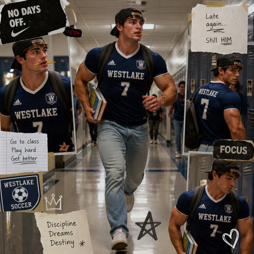 A Full Body Image of a Hunky and Muscular Guy with Chunky Arms and Pecs. With a Tight School Soccer Jersey on and Jeans and a Backwards Baseball Hat on. Carrying his Backpack and Running with a Pencil in his Mouth and his other arm Carrying books in the school Hallway.