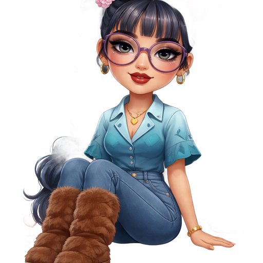 Everything Muffin With a Fair-Light Warm Golden Natural Skin Tone With a Wide Lip Shape with a Grey Eyeshadow and a Thick Eyebrow with a Hooded Eye Shape and a Oval Face Shape with a Dark Blue Bubble Braided Hairstyle including Bangs with the Scrunchies Being Pink Flowers and Pastel Blue Highlighted Streaks Throughout the Hair Wearing Purple Large Rounded Glasses with a Dark Red Lipstick Wearing a Dark Teal Dress with a Printed Pattern of Three Light Blue Stretched out Upside Down Triangles with a Short Sleeved Button Up Shirt With the Top Being Light Blue and The Bottom is Steel Blue and the Sleeves Have a Wavy Printed Pattern With the Waves Being Teal and the Surrounding Being Turquoise With Steel Blue Pants and Long Brown Plush Boots with a Luxury Glossy Setup