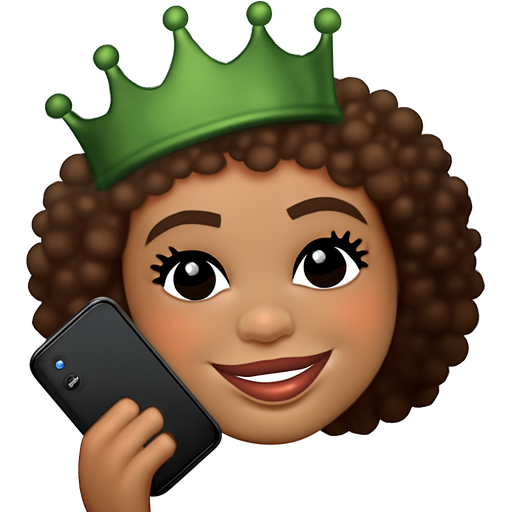make me an emoji with highlight curly hair, a slightly darker but beige skin, a phone in my hand, a mouth with lip gloss, eyes with eyelashes and beautiful eyes, blushing cheeks And rond face and smiling. With a green crown