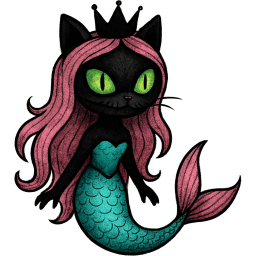 black cat pink long hair crown green eyes very long cyan and white mermaid tail with pink fins swimsuit cyan the nightmare before Christmas style emoji, artistic style