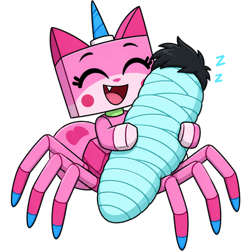 a happy anthro pink cat drider based on unikitty cuddling a wrapped up and mummified fully covered in a #B8FFFF spider slik cocoon shaped like black haired boy arms behind back with #B8FFFF spider slik wrappings completely covered with thick layers non-transparent #B8FFFF spider slik wrappings sleeping