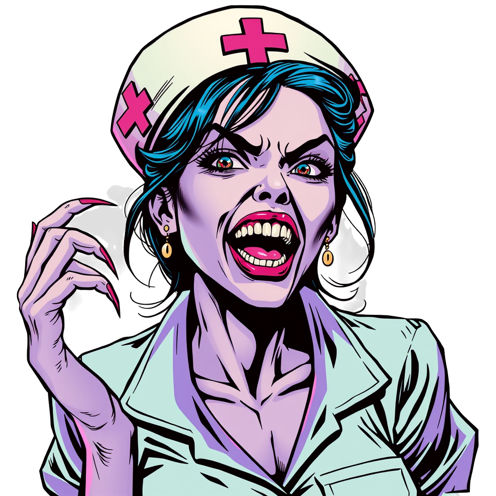 old retro comic art style of Sexy angry female vampire nurse bloody fangs purple blue on a white background