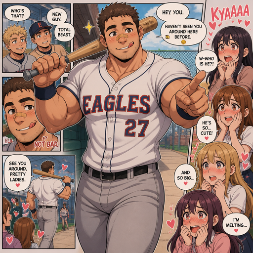 A Comic book story of a Bulky and Beefy but Muscular and ANIME Cute Bara Man Who looks Normal and American with a round facial Structure and Basic facial structure With Puffy and Big Pecs that are visible through the shirt and Biceps and Bandaid on his nose with. Chunky and Bulky Arms, and a V-Tapper Body. Wearing a Normal sized Baseball Jersey. Walking With a baseball bat behind his head and Licking his teeth and smiling and pointing and Making a group of girls blushing