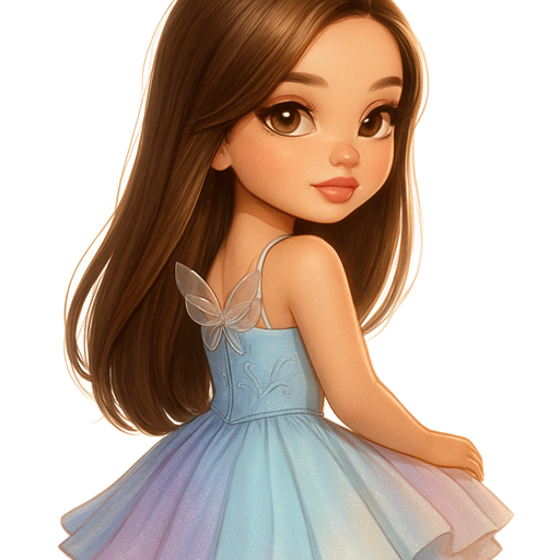 chibi girl: back view sitting looking over shoulder with hair completely swept over shoulder: semi-realistic soft cartoon luxury glam, mini plush Bratz-doll aesthetic, cinematic glow, crisp clean detail, glossy glam skin. brown eyed Petite 5ft girl, fair skin with soft freckles, wide face with tall forehead, honey-brown almond wide-set upturned eyes, fluttery lashes, shimmer highlight, plush lips, bottom heavy lip, sweet Belle-princess vibe, long straight brunette hair with visible caramel highlights, side-part hair all swept to the side over shoulder softly defined feminine body, full round bust, dressed in a pale blue fitted top with silver vine embroidery, flared skirt made of layered chiffon panels in lilac, aqua, and pearl white, delicate wing harness. medium length hair, not too long. full body showing. Cozy romantic glow, soft warm lighting, pop-princess energy