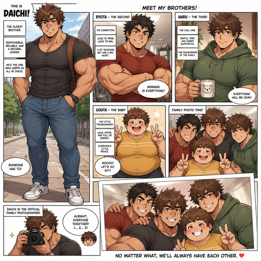 A Full Body Comic Book story view of a Bulky and hunky ANIME Cute Bara Man With Peach toned skin Who looks Normal and round facial Structure and Basic facial structure With Puffy and Big Pecs that are visible through the shirt and Biceps and Bandaid on his nose and Brown and fluffy hair. Wearing normal clothes. And the comic introduces each of his 2 Cute brothers and chubby little brother each with different personalities and all Beefy and Hunky. And the boys take family photos and the oldest varies everyone