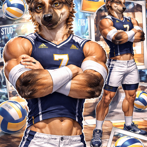 A Full Body and Facial Wallpaper of a Hunky and Chunky a Very Hot and Handsome German Shepard mixed with a Australian Shepard bara furry who is a Volleyball College player and Extremely muscular but not to muscular and Extremely Masculine and Handsome and Ginormous Arms and a Rounded Pecs very Short Strait Hair but tall and a little bit lean. Wearing Tight Adidas Volleyball Jersey that is short at the waist with Armbands. Crossing his Arms