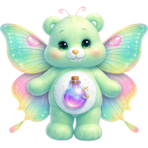 A pastel green Carebear that has colorful teal yellow pink Luna moth wings and a pink purple ombré enchanted potion as a belly badge