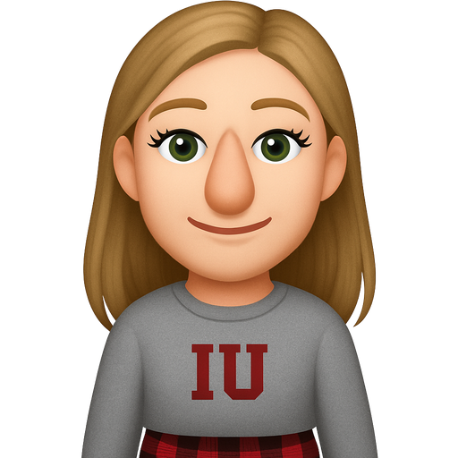 A girl with dirty blonde hair with a grey IU sweatshirt and black and red check your pants with green eyes, long eyelashes and a big nose