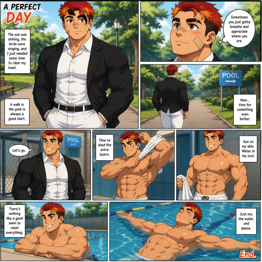 A Full page Anime Comic book story about of a masculine and Bulky ANIME Cute Bara Man American 20 year old with a ROUND and BASIC facial structure and TENAGE BARA CUTE MALE not to detailed With bigger than average Pecs that are visible through the shirt and Biceps and a big Bandaid on his nose and Left Cheek and Right Eye brow. Wearing a no piercings Black suit a White and Pants and Red Hair and Bright Orange Hair Tips and Strait is wearing Fluffy short Hair a brown eyes and black eyebrows. Walking in the Park and Walk to the Pool and he takes off his shirt and goes for a swim