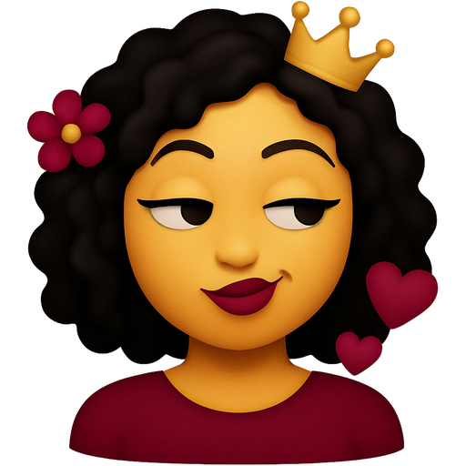 Emoji em tons vinho. Tema de luxo e expressões de deboche, flores, corações, coroas. Emoji de mulher branca com cabelo cacheado preto e blusa vinho