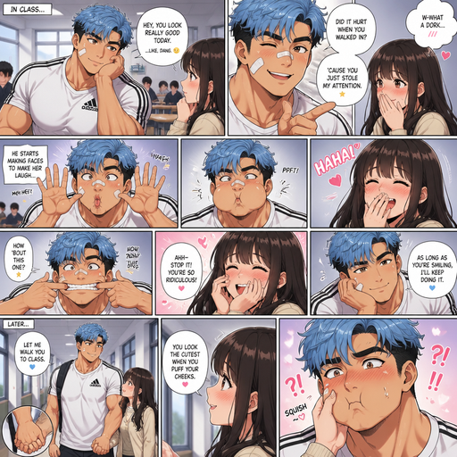 A Full page Anime Comic book story about of a masculine and Bulky ANIME Cute Bara Man American 20 year old with a ROUND and BASIC facial structure not to detailed With bigger than average Pecs that are visible through the shirt and Biceps and Bandaid on his nose and Left Cheek and Right Eye brow warring. Wearing a no piercings Baggy White Adidas Athletic shirt and Short and Light blue Korean Permed Hair and Black Roots and Strait with brown eyes. In class flirting with his crush and make faces to make her laugh and Then she blushes. And makes more funny faces just to see her laugh. And then. Let me walk you to class and holds her hand and she says you look the cutest when you puff your cheeks and she grabs his cheek and the he blushes hard
