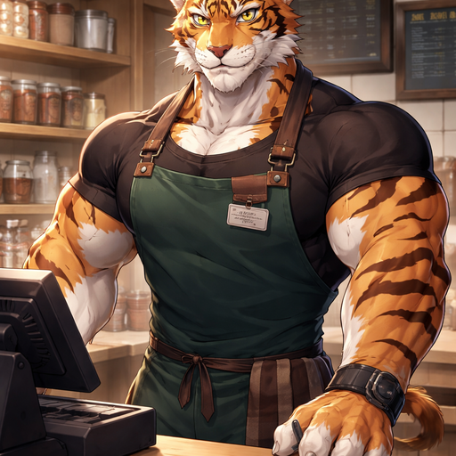 A Tral Anime Full Body and Face Image of a Muscular and. VERY Handsome and Masculine Bara Dog Tiger with a wrestler type body that is a Barista. at the Cash Register