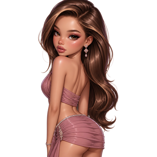 semi-realistic soft cartoon luxury glam, mini plush Bratz-doll aesthetic, cinematic glow, crisp clean detail, glossy glam skin. brown eyed Petite 5ft girl, fair skin with soft freckles, wide face with tall forehead, honey-brown almond wide-set upturned eyes, fluttery lashes, shimmer highlight, plush lips, bottom heavy lip, sweet Belle-princess vibe, long straight brunette hair with visible caramel highlights, wearing a mauve draped crop top and a dusty rose micro mini skirt with gathered ruching and rhinestone trim, crystal earrings, hair in old-Hollywood side-swept waves, makeup with rosy smoked eyes, pink champagne glow, mauve blush, and a glossy mauve lip, turned away with her back slightly arched and looking over her shoulder with a dangerous doll-like expression