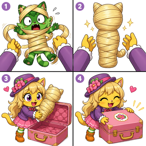 green boy cat furry getting quickly wrapped up mummified from head to toe by furry yellow cat anthro with purple eyes light blonde hair purple and pink florist hat and purple florist outfit green and white socks orange boots with buckles light pink skirt in first person view with light blonde hair 2 light blonde hair mummy shaped like green boy cat furry completely covered with light blonde hair mummy from head to toe then furry yellow cat anthro with purple eyes light blonde hair purple and pink florist hat and purple florist outfit green and white socks orange boots with buckles light pink skirt in first person view picks up the light blonde hair mummy shaped like green boy cat furry completely covered with light blonde hair mummy from from head to toe places into the open pink case and closes it cute chibi kawaii cartoon happy tree friends comic version