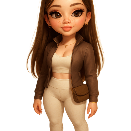 semi-realistic soft cartoon luxury glam, mini plush Bratz-doll aesthetic, cinematic glow, crisp clean detail, glossy glam skin. brown eyed Petite 5ft girl, fair skin with soft freckles, wide face with tall forehead, honey-brown almond upturned eyes, warm toasty glam makeup, fluttery lashes, shimmer highlight, plush lips, sweet Belle-princess vibe, long straight brunette hair with visible caramel blonde highlights, softly defined feminine body, full round bust, wearing ivory Lululemon bralette, brown zipped athletic body-slimming nylon jacket, matching ivory leggings, beige Air Force 1 sneakers, tiny mocha cross-over-body bag, dainty gold jewelry, jacket zipped half-way. Cozy romantic glow, soft warm lighting, pop-princess energy