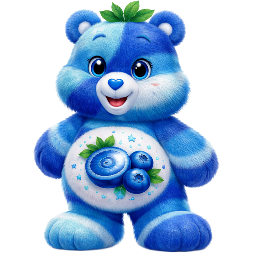 Berry Delight Care Bear with Admiral Blue, Sapphire Blue, Paled Turquoise and White Striped Pattern Fur with a Half Blueberry with a Light Blue Swirl and a Dark Blue Swirl in the middle and a Light Blue Star and Two White Dots with a Dot in the middle along side it and a Light Blue Whole Blueberry with a White Swirl and a blue line and White Dots with Light Blue and Blue Small Stars Surrounding the Blueberries and 3 leaves as tufts of hair and a Blue Heart Nose