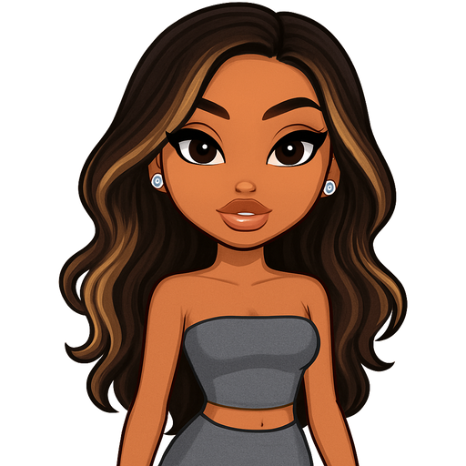 ghibli style bratz | glamorous medium tan lady | long wavy dark brown + blonde balayage hair | diamond studs | clear lip gloss | grey tube top | grey leggings