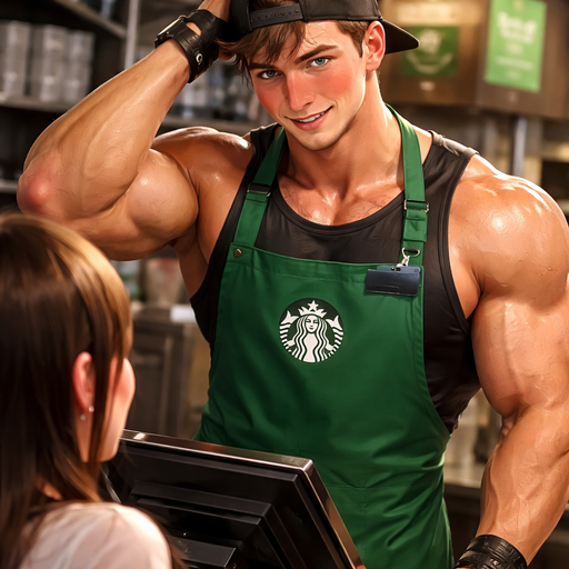 A Real Life Full Body Image of a Hunky and Muscular, Handsome and Masculine Starbucks Worker with Brown Spiked hair and Blue eyes and with Chunky Arms and Pecs and Very Stocky Body. Wearing a Sleeveless Starbucks worker Uniform and Backwards hat with a Logo. Blushing hard with a Sunburn under his eyes. At the cash register Tasseling his hair at a Customer making her Blush
