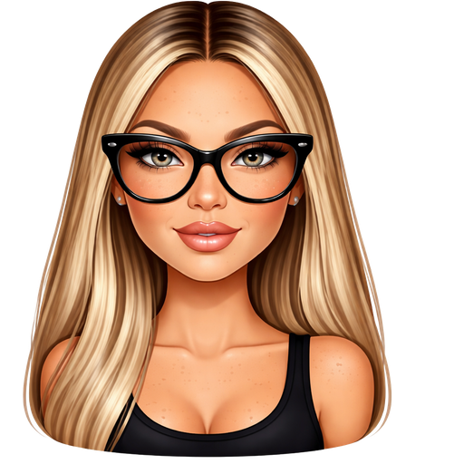 40 year old baddie with slightly full lips a slight bumpy nose round face cheek bones with freckles almond shaped gray colored eyes lashes shiny nose stud fair skin with freckles across nose with shiny nose studlong straight blonde hair and dark roots parted in the middle serious and large black glasses wearing a black tank top