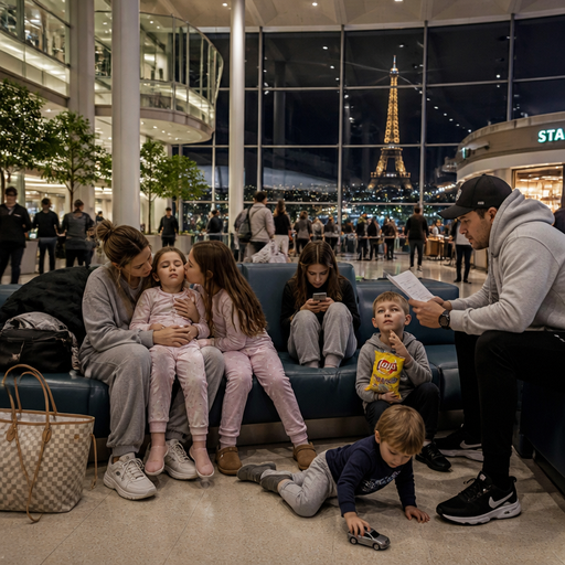 give me a mom sitting down while the sick five year-old is sitting on her ass with pajamas on and the Dad is checking them in and the two 10 year-old daughter is giving the five sister a kiss on the cheek and the other 10-year-old daughter who is the twin is scrolling on her phone and the six-year-old brother is eating chips and the toddler boy is playing with one of his race car toys on the floor and they are at a hospital, which is so so so so so big and a tiny bit crowded and people are getting Starbucks and stuff with a Paris night view