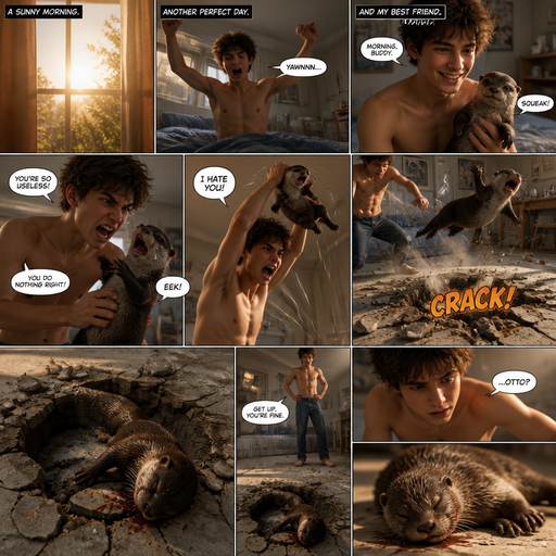 A Long COMIC BOOK and shows the owner and the otter and his twin impact story Waking up in the morning on a Sunny day and no cin pajamas and one of his pet otters but Excessively bully’s the otter and the otter goes over his headand it crakes the floor and Doesn’t get up.