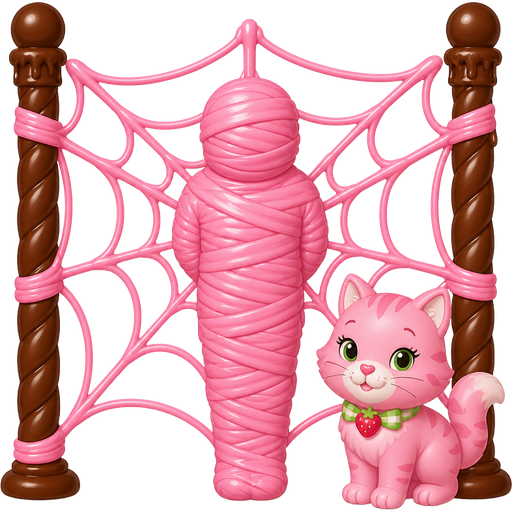 pink bubblegum mummy-like-cocoon human entombed wrapped up and mummified fully covered in a pink bubblegum cocoon shaped like human with arms behind back with pink bubblegum wrappings completely covered with thick layers non-transparent pink bubblegum wrappings pink on a giant spider web made of pink bubblegum between two chocolate poles next to pink custard the cat (strawberry shortcake)