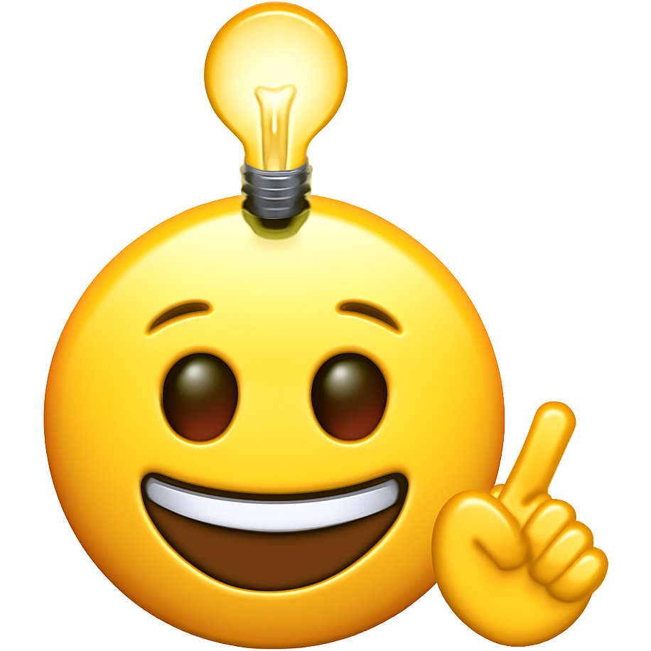 A yellow round wide brown eyes emoji with a grinning happy mouth with a lightbulb on top of its head and pointed with a yellow hand index finger