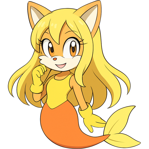 light orange and green vixen smiling with yellow long hair orange eyes yellow gloves yellow dress with orange skirt attached to yellow mermaid tail with light yellow tail fins sonic x version