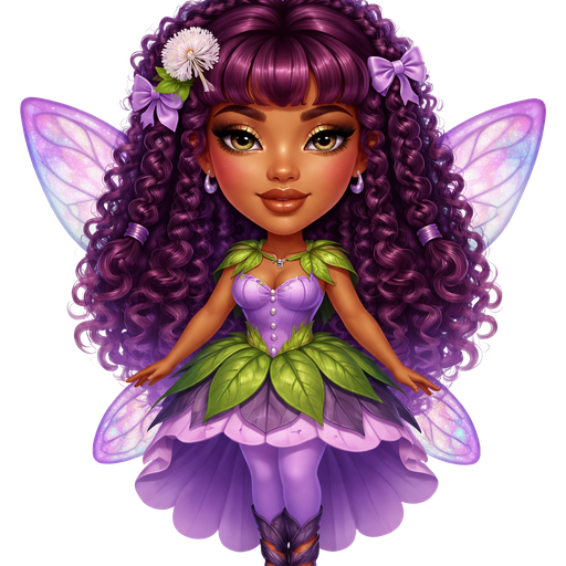 Brambleberry Fairy With a Dark-Deep Cool Golden Skin Tone with A Wide Lip Shape and a Open Eye-Lash Set Up With a Toffee Brown Lipstick Finish and a Neutral Light Brown and Blue-ish Silver Ombré Eyeshadow With a Thin Almond Eye-shape and a Rectangular Face Shape with a Plum Purple Curly Hair Including Bangs with Two Bubble Braids and the Bows are Lilac Purple on a Small part of her Half-Up-Half-Down Hairstyle with a Dandelionon the Side of her Head Band and the Strap is Light Purple With Light Purple Fairy Wings and a the Lining is Dark Purple Wearing a Green Dress Shaped in the Form of Leaves Including the Collar with Center of the Dress Being Light Purple with White Buttons With the Bottom being 2 Dark Purple Half Circles with the First Layer of the Skirt being Green and Second Layer being Light Purple with Lilac Purple Leggings Wearing Dark Purple Ballet Shoes Formed From Leaves with a Mature Adult Toned Build and Vivid Distinct Features and High Visual Textures in a Luxurious Glow Soft Intense Polished Shine