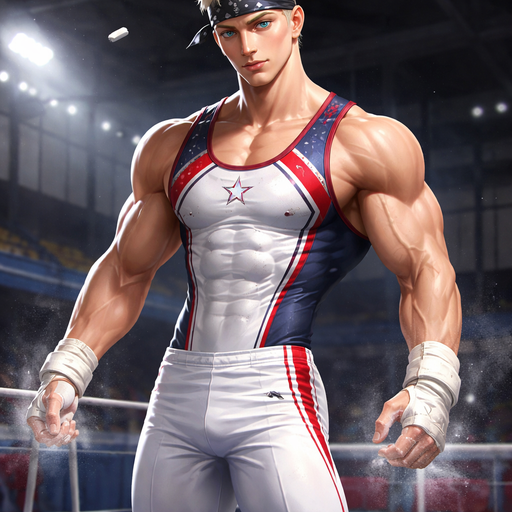 A Full Body Image of a Very Hot and Handsome With a Bandana who is a Extremely Muscular Gymnast but not to muscular and Extremely Chiseled Body features Masculine and Handsome and Ginormous Arms and a Rounded Pecs very Short Strait Hair but tall and very lean. Wearing Gymnastics Clothes