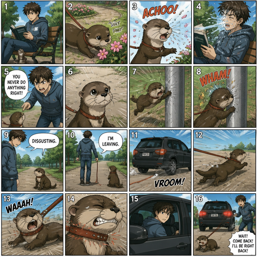 A comic book detailed and lifelike Picture by picture and shows every action of a A Baby Otter on a leash and at the park while his owner reads a book and the otter sniffs a flower and sneezes on the owner and then the owner talks about how the otter never does anything right then the otter flys at a pole and and the owner looks down at him and says disgusting and walks away drive off without him and runs to him dr driving away into his weight come back, but the leash isn’t that long and jerking back and wipes his face while the leash around his neck is to tight
